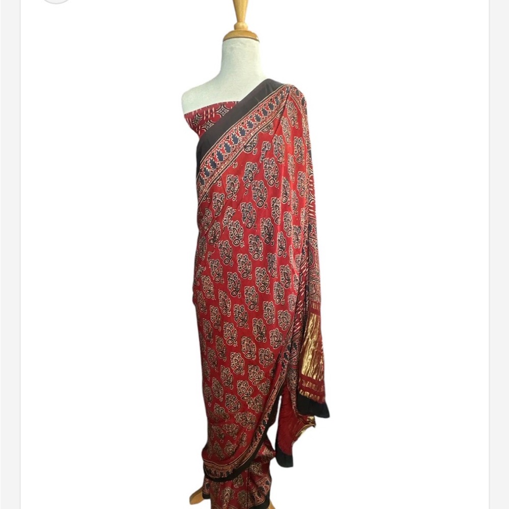Ajrakh hand-block printed modal silk saree.